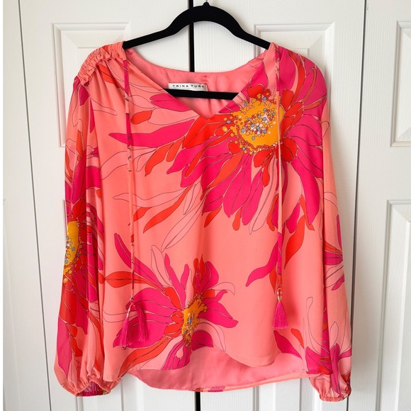 Trina Turk Tops - Trina Turk Pink Orange Floral Tassel Tie V-Neck Blouse Bishop Sleeve Small